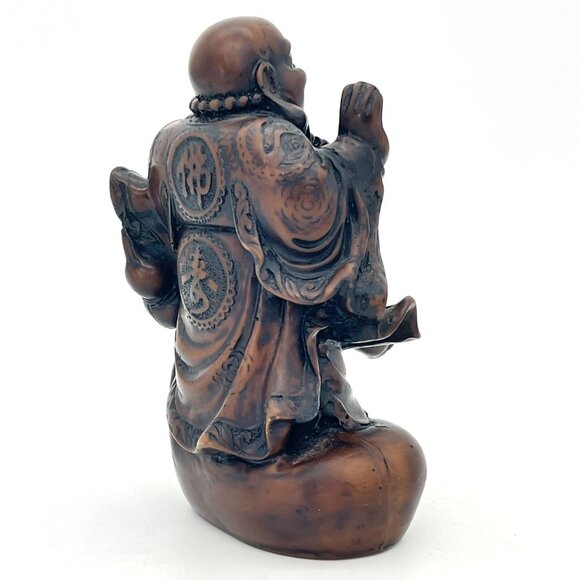 Laughing Buddha Figurine 6" Carved Solid Wood Dark Stain Chinese Script 1.5 lbs - Picture 6 of 14